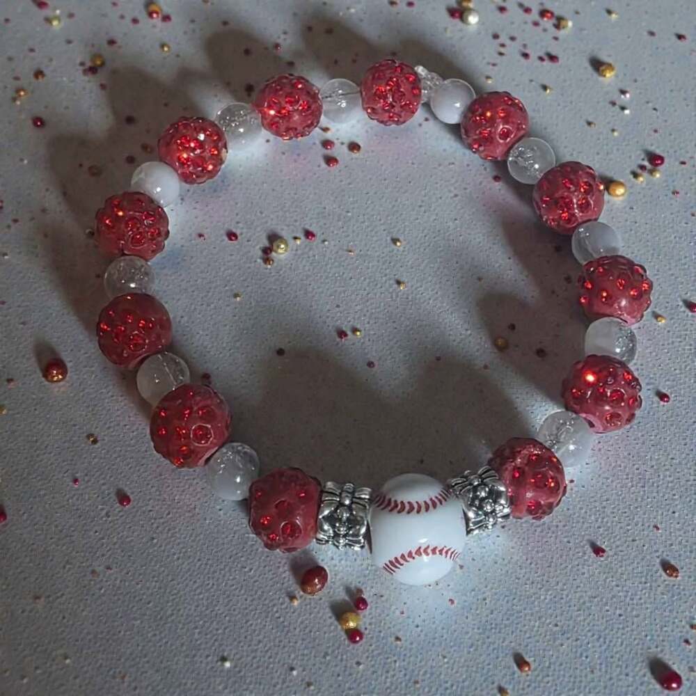 Artisanal Red Sparkle Baseball Charm Bracelet Game Day Sports Fan Jewelry